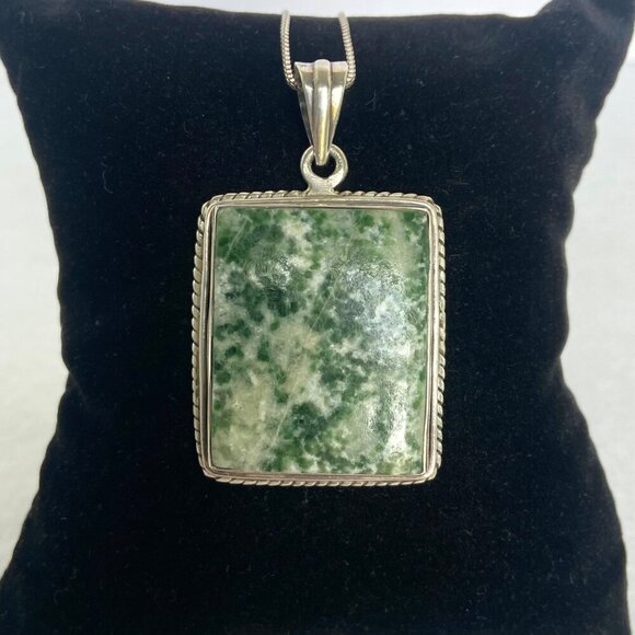 Sterling Silver 925 Bezel Set Tree Agate Rectangular Pendant Necklace 18.5" - Picture 8 of 16